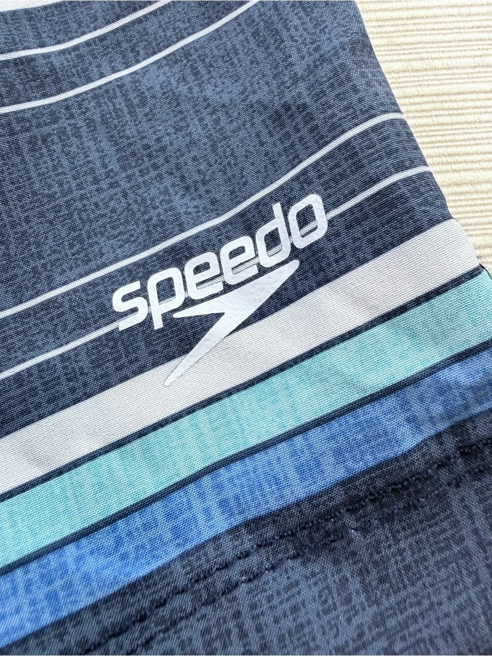 Speedo Men's Dark Blue Swim Shorts with Light Blue and White Stripes